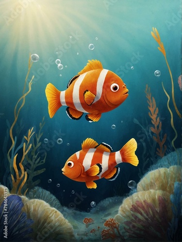 Two bright orange clownfish with white stripes swimming among coral reefs under the shimmering sunlight in the ocean