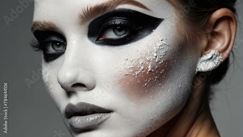 Artistic makeup with black eyes and silver paint simulating tears on a woman's face photo