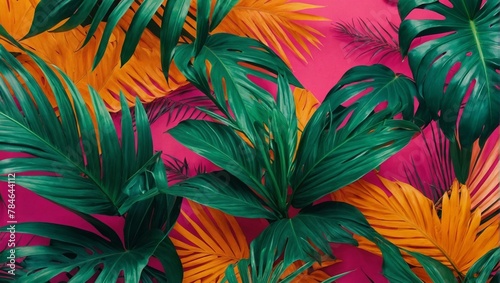 Dense tropical leaves showcasing vivid green and yellow hues over a striking pink background