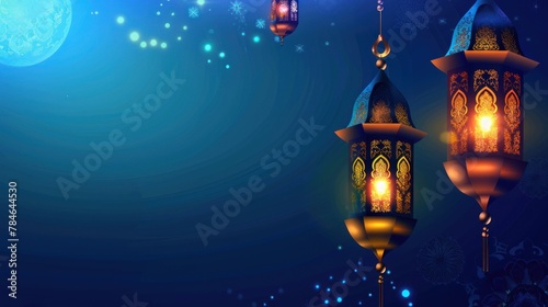 Ramadan Kareem with golden crescent moon  golden lantern  islamic decorative elements template