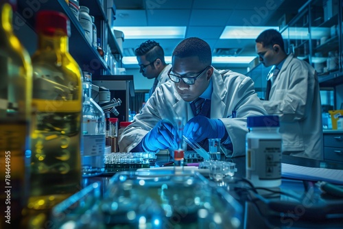 A diverse group of professionals wearing lab coats and safety goggles working together on various experiments and analyzing data in a modern laboratory setting