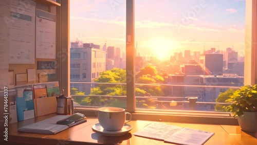 study in the room with a beautiful view from the window. Japanese cartoon or anime illustration style. 4K video animation background photo