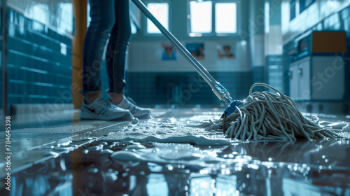 Close-up on the mop. Person cleaning a school, the person should be using a mop to clean the floor photo