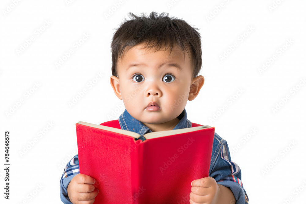 Portrait of a cute asian baby boy reading a book on white background, concept of preschool training for children Portrait of a cute asian baby boy reading a book on white background, concept of preschool training for children