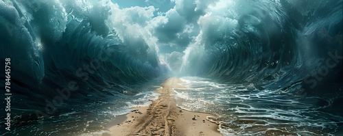   omposite of the ocean opening up to form a canal. Moses separate the sea in exodus. Israelites crossing the red sea. Biblical and religion illustration. Happy Passover  Pesah