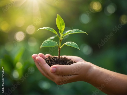 A hopeful image of a hand cradling a young plant against a sunlit backdrop, symbolizing growth and sustainability