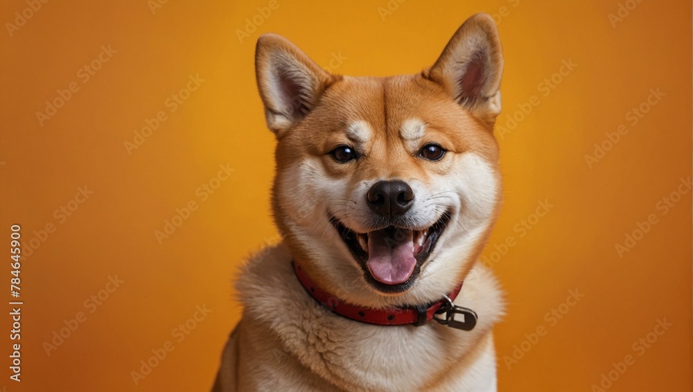 A Shiba Inu dog with its face playfully concealed, wearing a red collar against a vibrant orange background