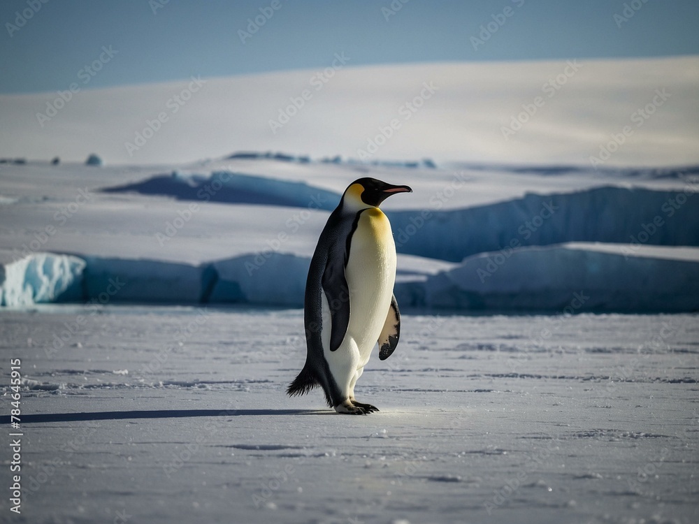 Fototapeta premium A majestic Emperor Penguin stands tall on the icy terrain of Antarctica with a glacial backdrop