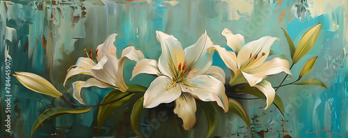 Oil painting with white lily flowers. generative ai