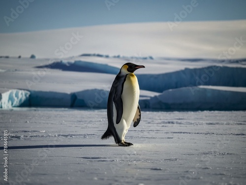 A majestic Emperor Penguin stands tall on the icy terrain of Antarctica with a glacial backdrop