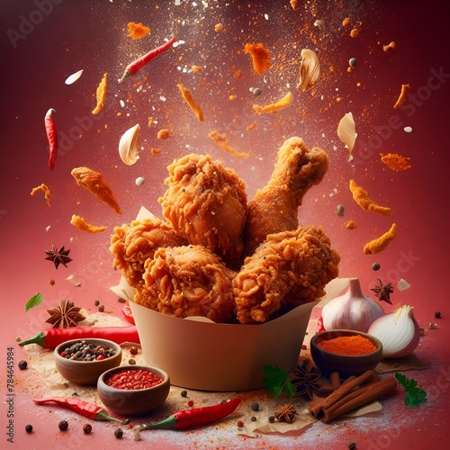 Delicious fried chicken wings mix with spicy ingredients herbs on red background. Fried Chicken getting dropped while being hit with seasonings and spices. photo