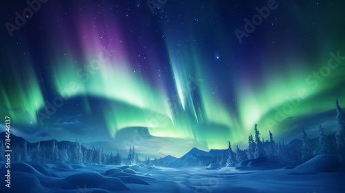 A magical scene of Santa Claus concept in wonder at the vivid Northern Lights, geometric zenith © basketman23
