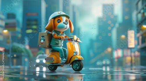 3D vector of a Beagle dog in a delivery uniform riding a scooter, cityscape in the background,