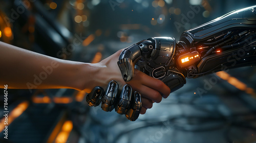 Corporate Unity: Close-Up Handshake Illustrating Team Collaboration, Human and Robot