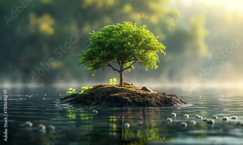 Lonely tree on an island in the lake.