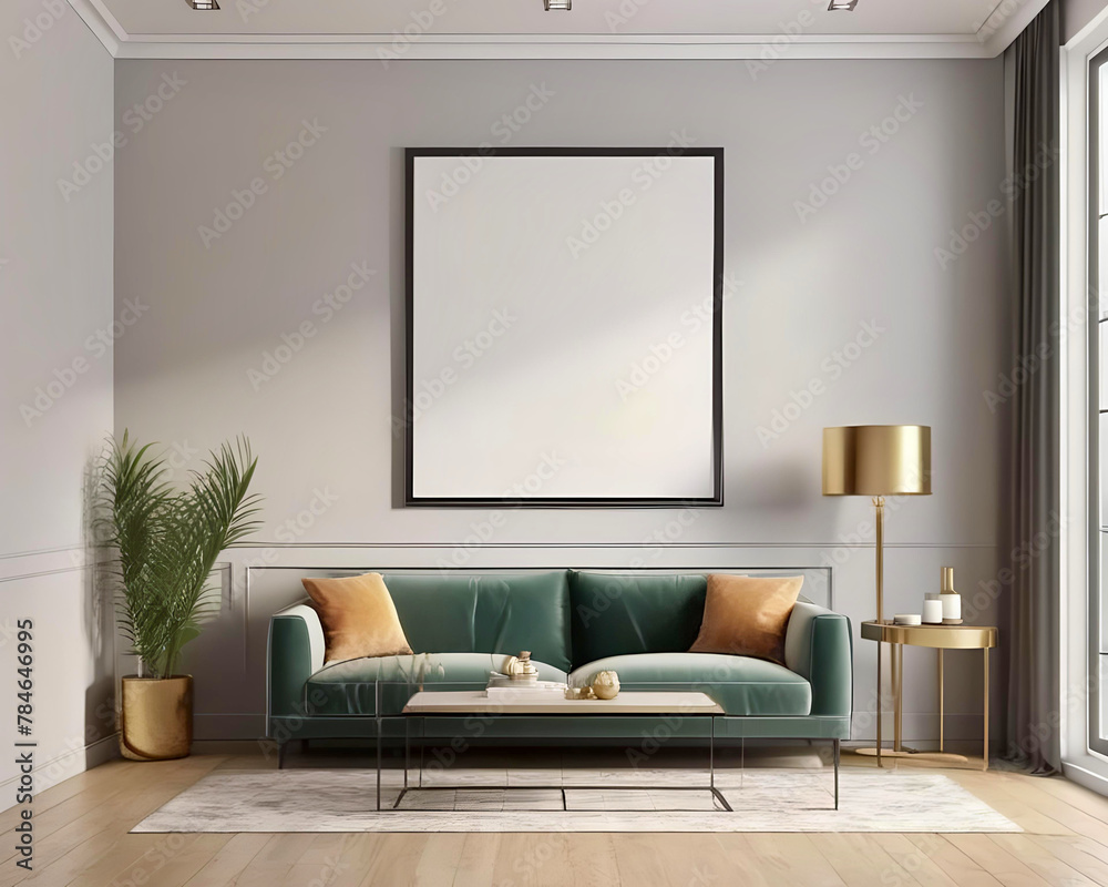 Fototapeta premium Mockup of An elegant living room featuring a green sofa, gold accents, and minimalist decor - frame with copy space