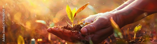 1Hand holding seedlings in soft sunlight, closeup, warm colors, high detail