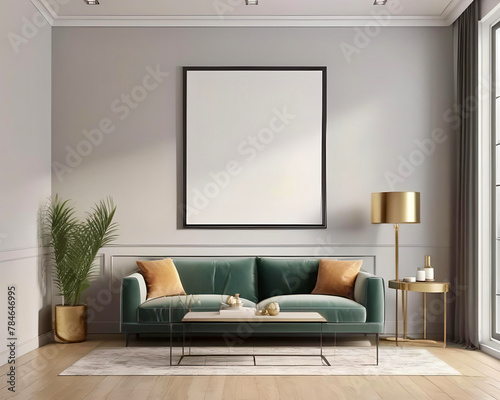 Mockup of An elegant living room featuring a green sofa, gold accents, and minimalist decor - frame with copy space