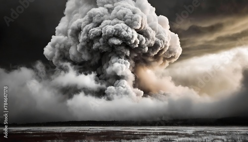 A volcanic eruption with dark smoke and ash clouds into the sky, black and white photography.