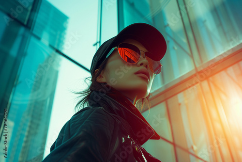 A young woman who dresses stylishly looks like she's in the world of the future.