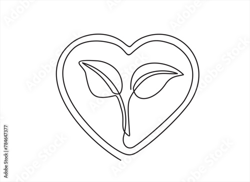 Single continuous one line art growing sprout with heart. Plant leaves and heart, seedling eco natural concept design. 