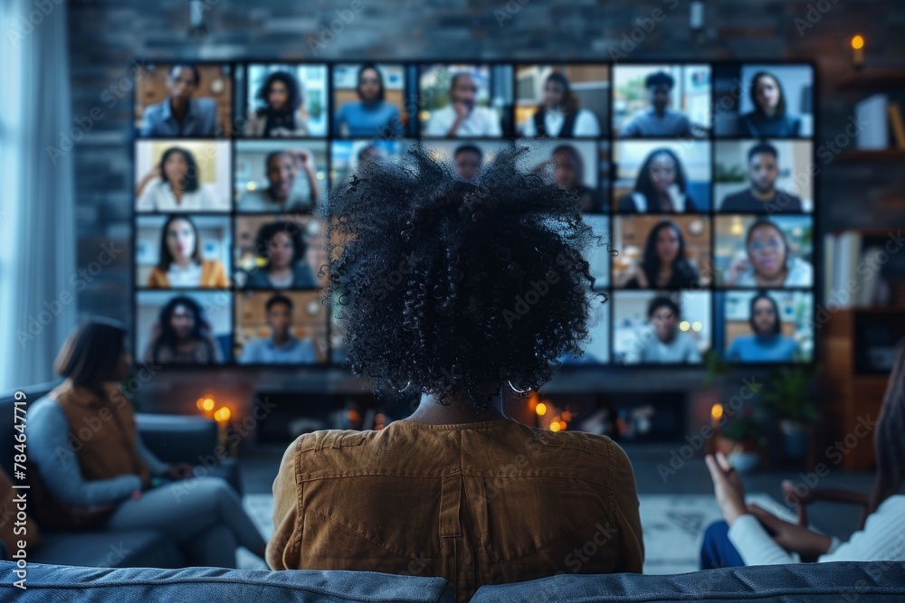 A woman participates in a virtual meeting with numerous attendees displayed on a large screen in a cozy room. A woman participates in a virtual meeting with numerous attendees displayed on a large screen in a cozy room.