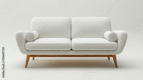 This is a front view of a modern sofa with white fabric isolated on a white background