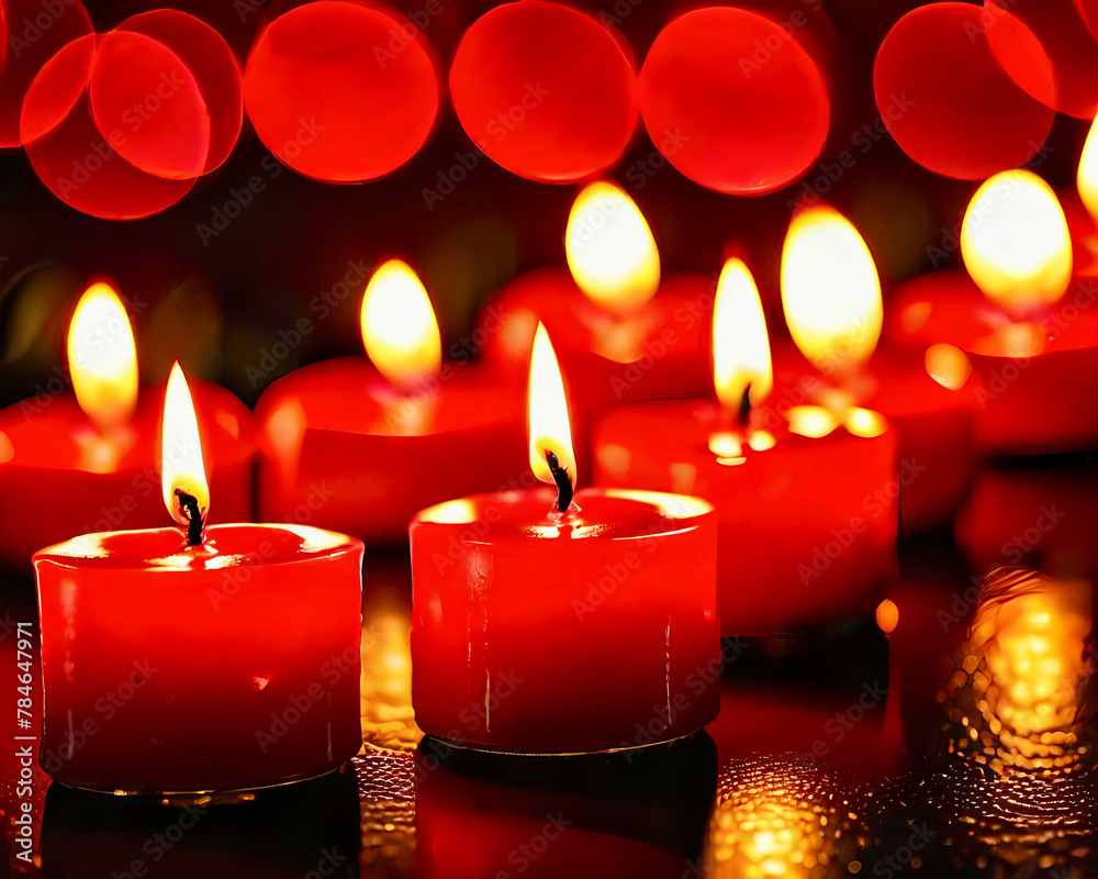 Vivid Red Candles Lit with Large Bokeh Circles in Background