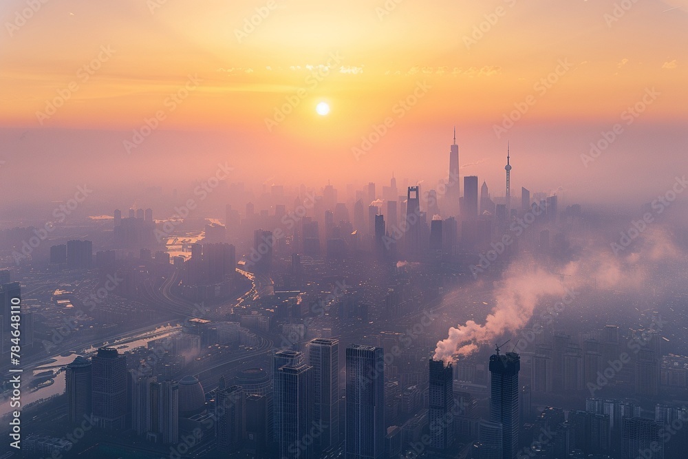 City skyline choked by PM25 smog, sunrise, aerial view, cinematic contrast