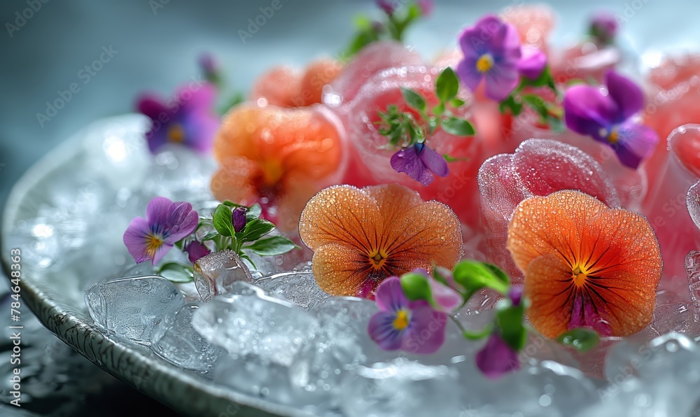 Ice cubes with flowers on an abstract background. Ice cubes with flowers on an abstract background.
