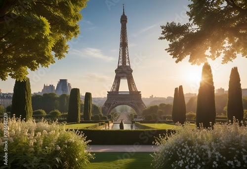 Paris Eiffel Tower and Trocadero garden at sunset in Paris  France