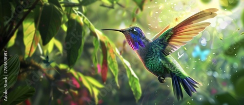 Hummingbird midflight with vivid colors, closeup, magical forest environment photo