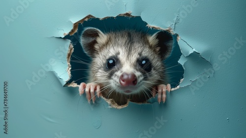 Curious Opossum Emerging from Paper Wall Generative AI