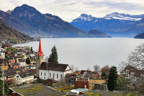 View of the beautiful town of Weggis and Lake Lucerne. Swiss Alps, Switzerland, Europe.