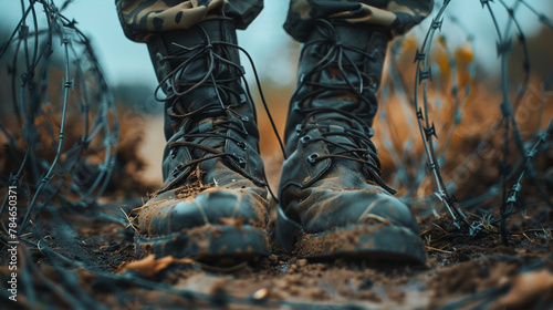 close up of soldiers boots on battle field  photo