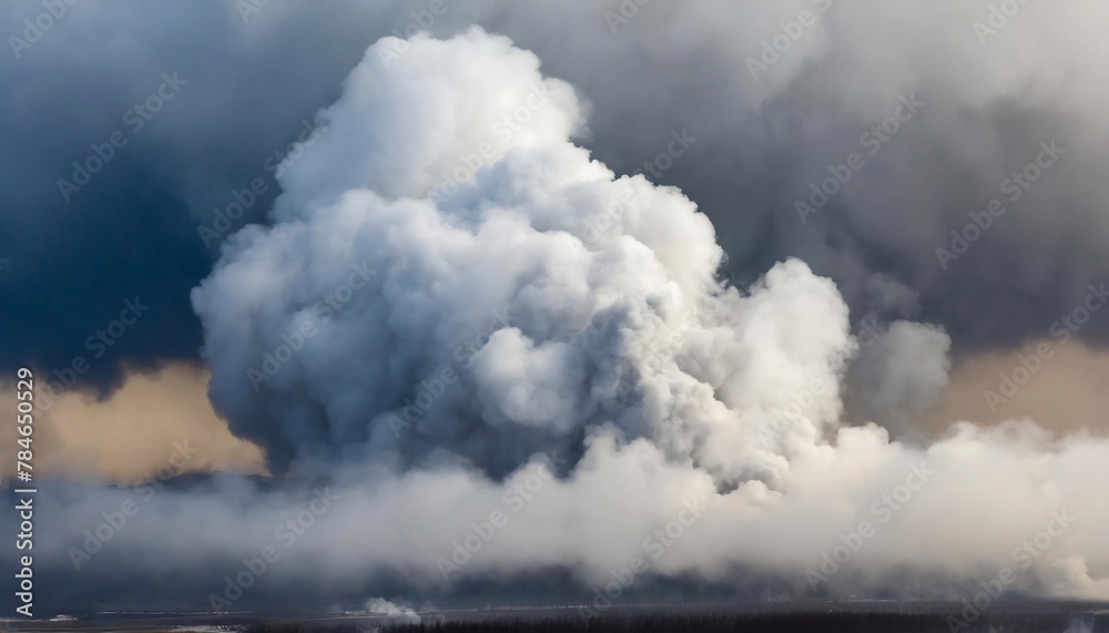 A large, dense cloud of white-gray smoke billows from a ground source into a dark sky.