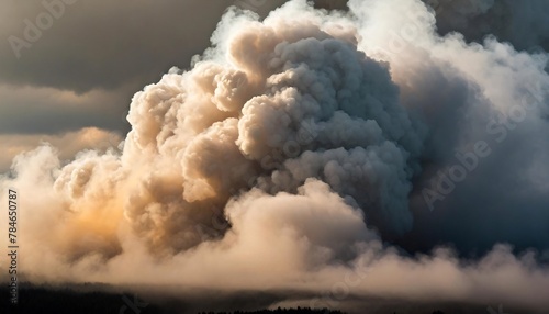 A large, dense cloud of white-gray smoke billows from a ground source into a dark sky.