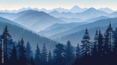misty mountains in the morning illustration 