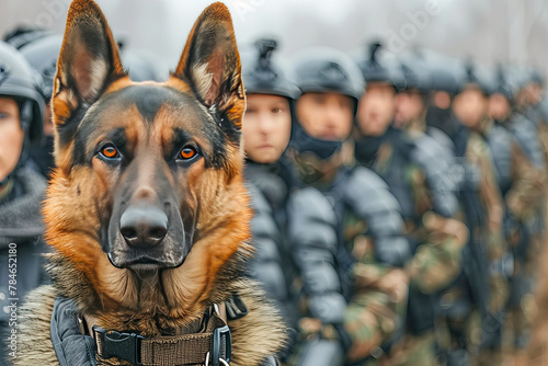 Police dog on duty with officers in background photo