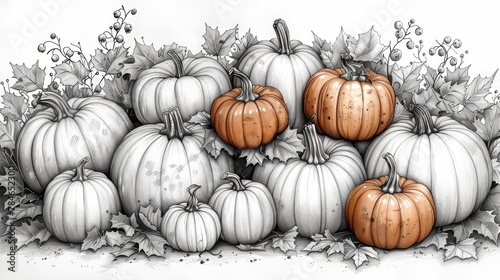 Line Art Illustration of a Stack of Pumpkins Generative AI photo