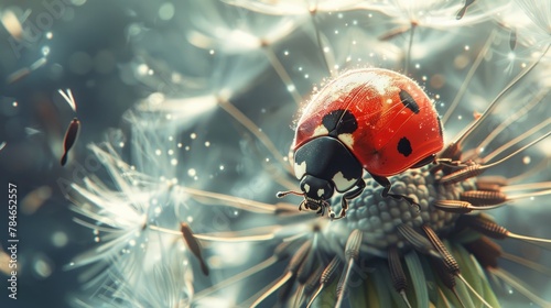 Detailed image of a ladybug on a dandelion