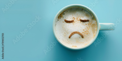 Top view of Coffee cup with Sad face drawn on coffee cup isolated on blue background