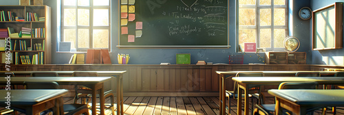 Classroom sunlight anime visual novel game,Classroom seat anime visual novel game School education,high-quality classroom theme digital backdrop for Teacher s Day, suitable for virtual teaching . photo