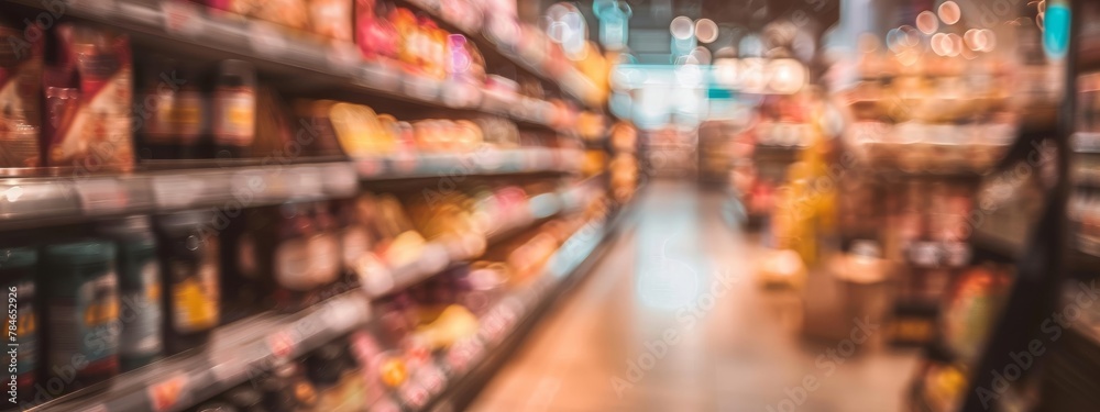 Abstract blur image of Shopping mall with bokeh. Supermarket aisle and shelves blurred background. Blurred bright out of focus interior of a spacious open grocery store with neatly arranged shelves.