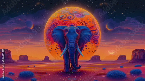 psychedelic illustration of african elephant walking through the savannah with moon or planet behind, blue and orange colors