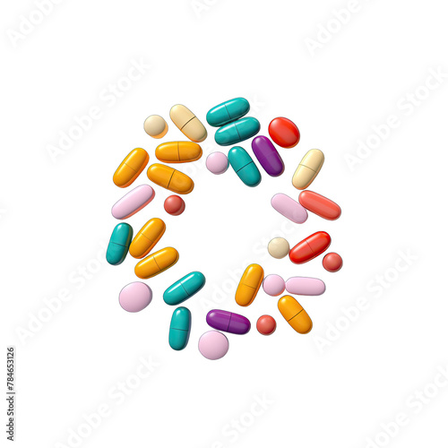 A handful of multicolored pills isolated on transparent background