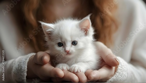 Cute beautiful white small kitten on the women finger fluffy fantasy style