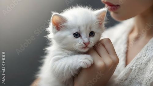 Cute beautiful white small kitten on the women finger fluffy fantasy style