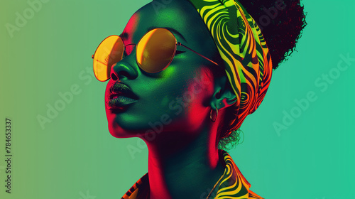 high contrast colorful portrait of african woman wearing sunglasses, pop style, vibrant
