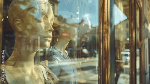 beige mannequins are visible through large glass windows of an elegant boutique, illuminated by warm sunlight 
 photo